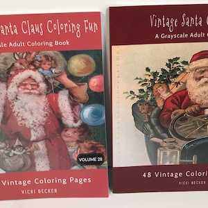 Vintage Santa Coloring Fun Set Of 2 Adult Grayscale Coloring Books By Vicki Becker New Condition