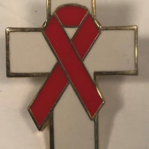 Vintage Red Ribbon Awareness In Cross Enamel Pin All American Pin Co Near Mint Condition 2002