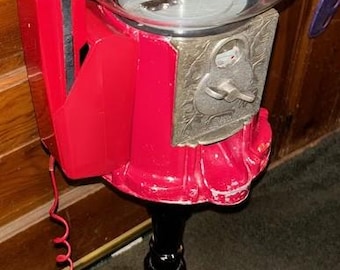 Vintage Bubble Gum Machine with Attached Telephone-Bright Red Metal Gumball Machine With Red Plastic "Snappy" Phone by Tectel Inc EC 1980's