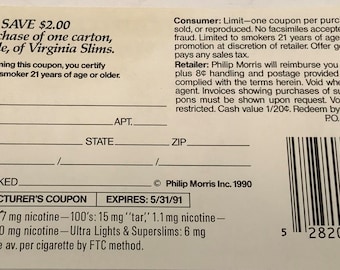 Vintage Virginia Slims Money Look One and Two Dollar or Pack Expired Coupons  Philip Morris Co 1991 Near Mint Expired