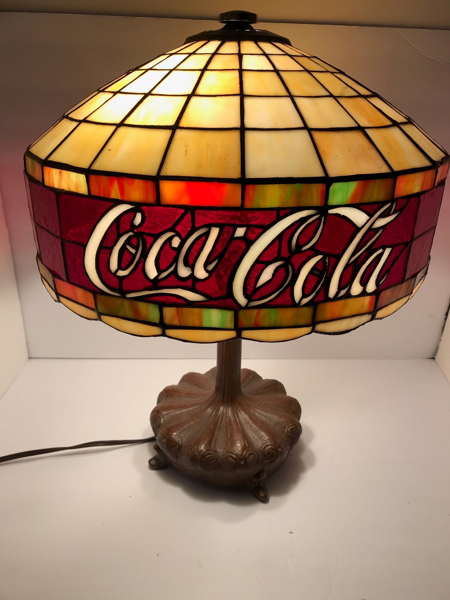 Vintage Large Coca Cola Stained Glass Dual Bulb Table Lamp EC