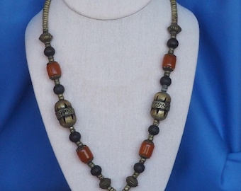 Vintage Amber, Bronze and Lapis Lazuli Bead Necklace