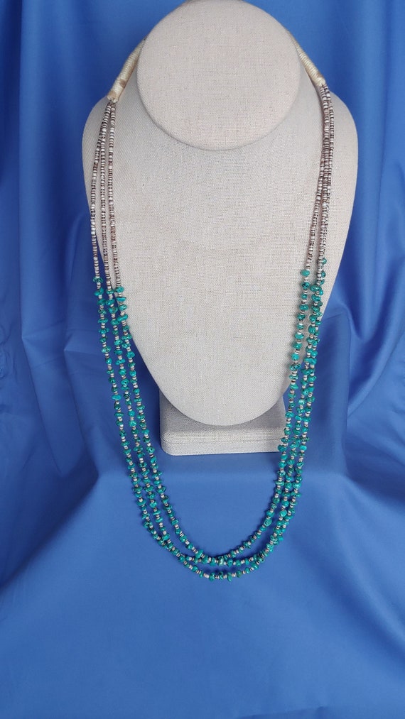 Vintage 3-Strand Heishi Necklace with Turquoise B… - image 2