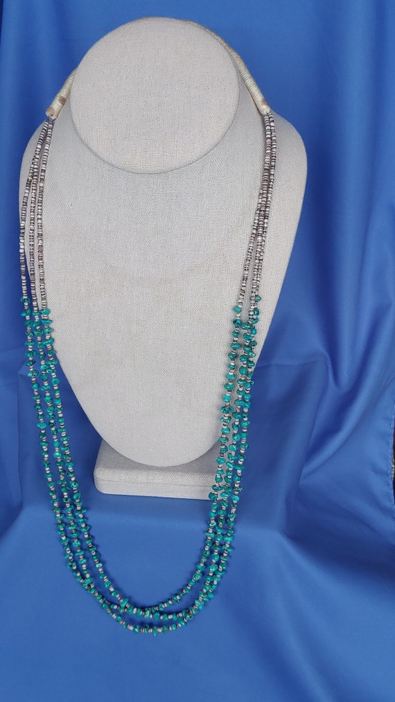 Vintage 3-Strand Heishi Necklace with Turquoise B… - image 4