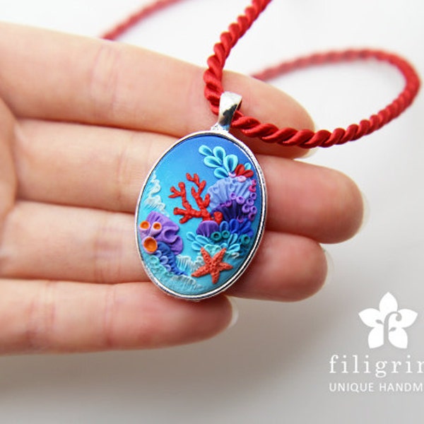 CORAL REEF starfish pendant, silver tone bezel, polymer clay filigree applique embroidery. Tropical underwater sea jewelry. Gift for her
