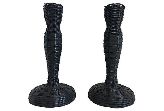 Midcentury Black Wicker Candlesticks - a Pair