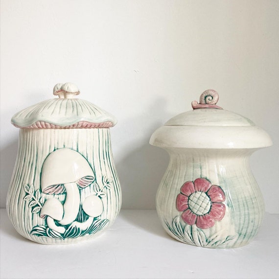 1970s Lidded Ceramic Mushroom Jars - a Pair