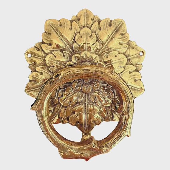 1970s Brass Wreath Faux Bois Door Knocker: Solid Polished Mid Century