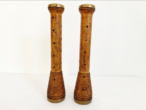 Mid-Century Wood and Brass Brutalist Candlesticks - a Pair