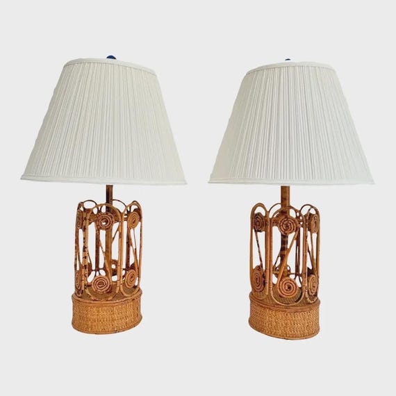 1970s Tortoise Bamboo Lamps & Shades, Pair
