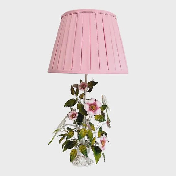 Italian Peonies Parakeets Lamp & Shade, C1960
