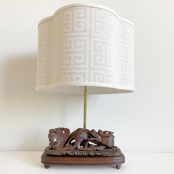 Carved Wood Asian Dragon Lamp & Shade