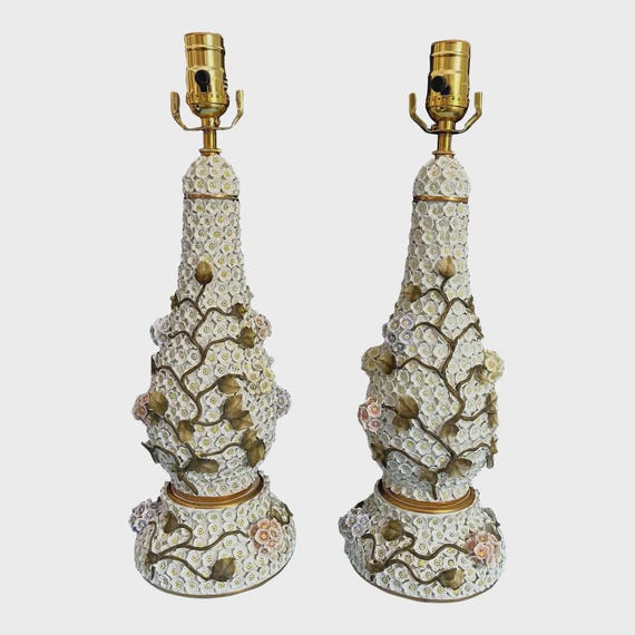 1950s Porcelain Applied Floral Tree of Life Lamps, Pair