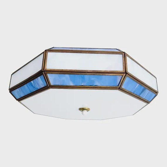 Blue & White Tiffany Style Flush Light, C1970