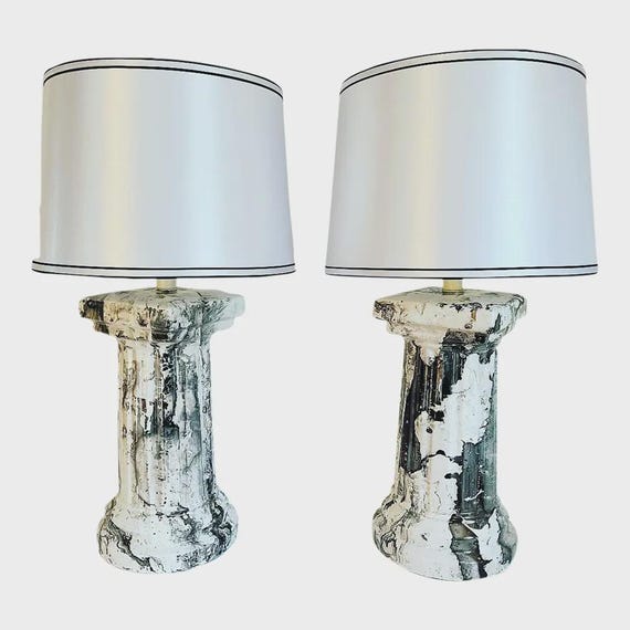 Marbled Ceramic Column Lamps & Shades - Pair