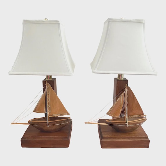 1960s Wood Sailboat Model Lamps, Pair