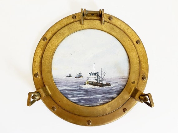 Vintage Nautical Oil Painting in Porthole Window