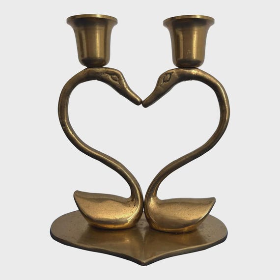 Brass Swans & Heart Double Candlestick, C1960