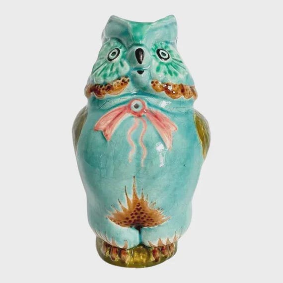 Mid Century French Majolica Owl Pitcher