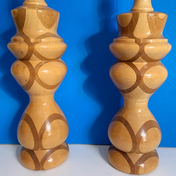 1960s Geometric Inlay Maple Lamps - a Pair