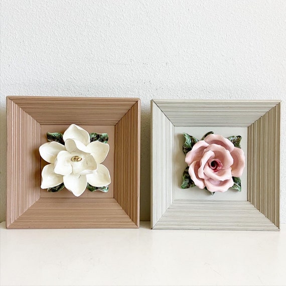 Mid Century Ceramic Floral Wall Art - Pair