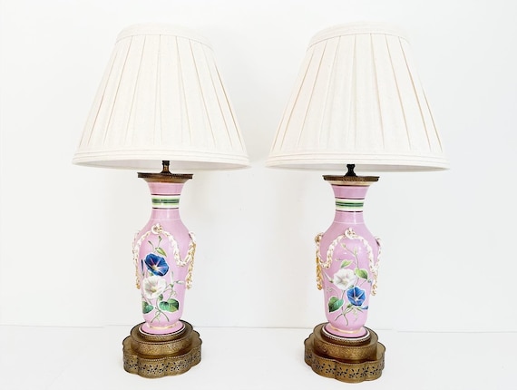 French Porcelain Urn Lamps & Shades - a Pair