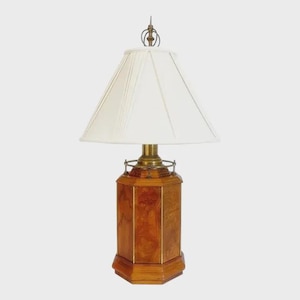 May include: A wooden table lamp with a cream-colored lampshade. The lamp base is a multi-sided shape with a warm wood grain finish and brass accents. The lamp has a decorative finial at the top.
