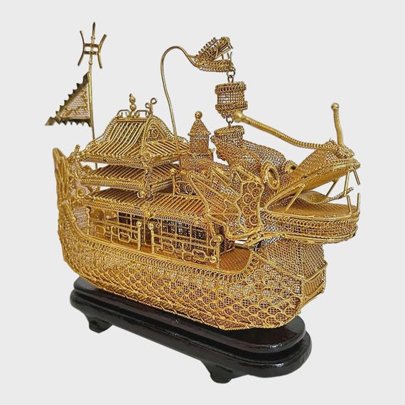 Gold Dragon Boat on Stand, C1950