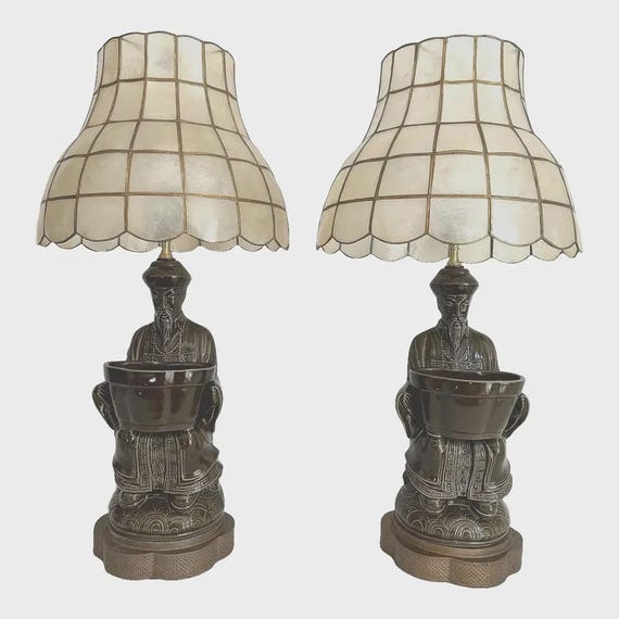 1960s Figurative Asian Planter Lamps & Shell Shades, Pair