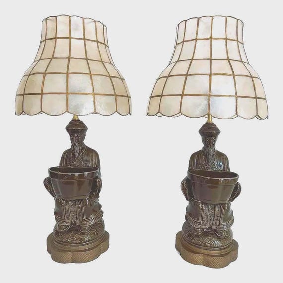 Figurative Olive Asian Planter Lamps & Shell Shades, Pair