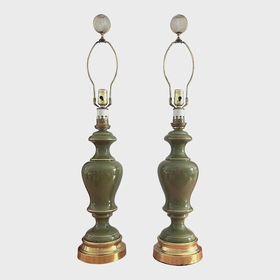 1960s Green Glass Column Lamps, Pair
