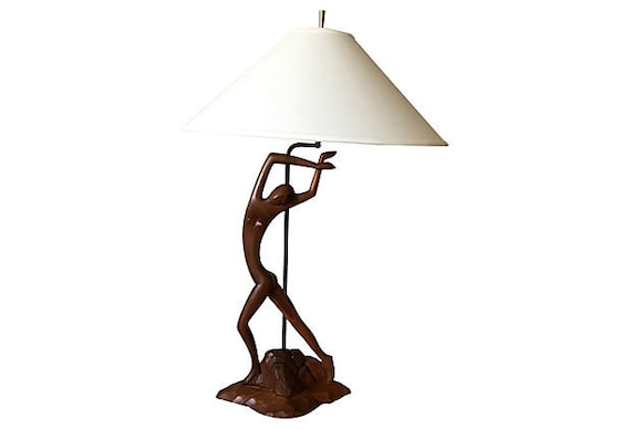 Modern Teak Figural Lamp & Shade