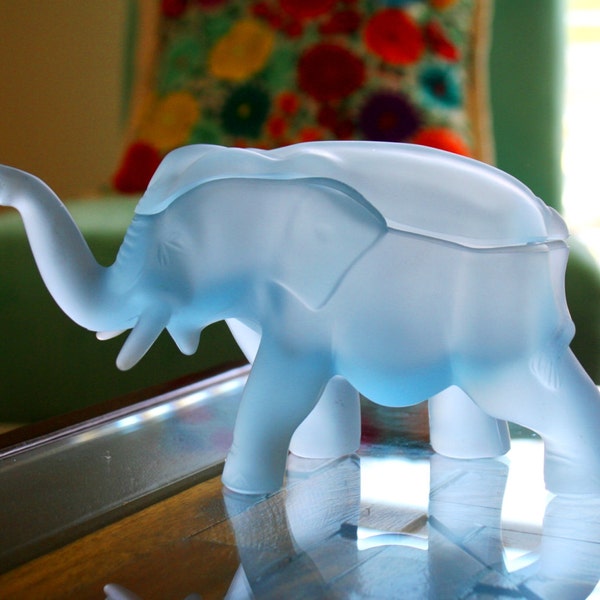 Elephant Glass Trinket Box / Tiara Frosted Glass Blue Satin Elephant Candy Dish Trinket Box / Blue Frosted Elephant Trinket Box