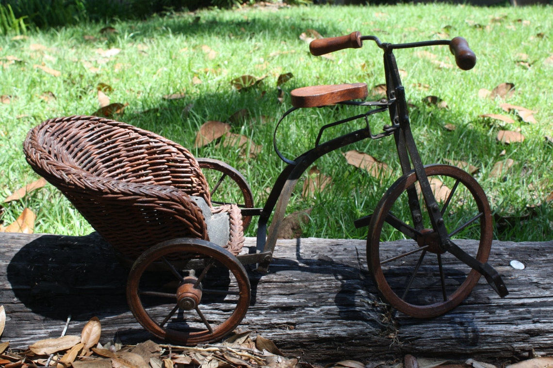 Vinatage Doll Tricycle with Wicker Carriage / Vintage Doll Etsy