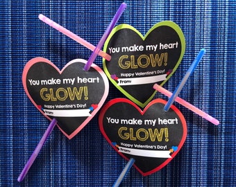 You Make My Heart Glow Valentine - Instant Download - Valentine's Day Digital Printable -  Digital Valentines - Kids Valentines - Glow Stick