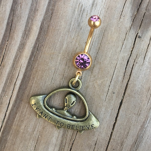 Aliens Belly Button Ring, Gold Navel Ring, Space Ship Belly Ring Barbell, Body Jewelry, Belly Button Jewelry.