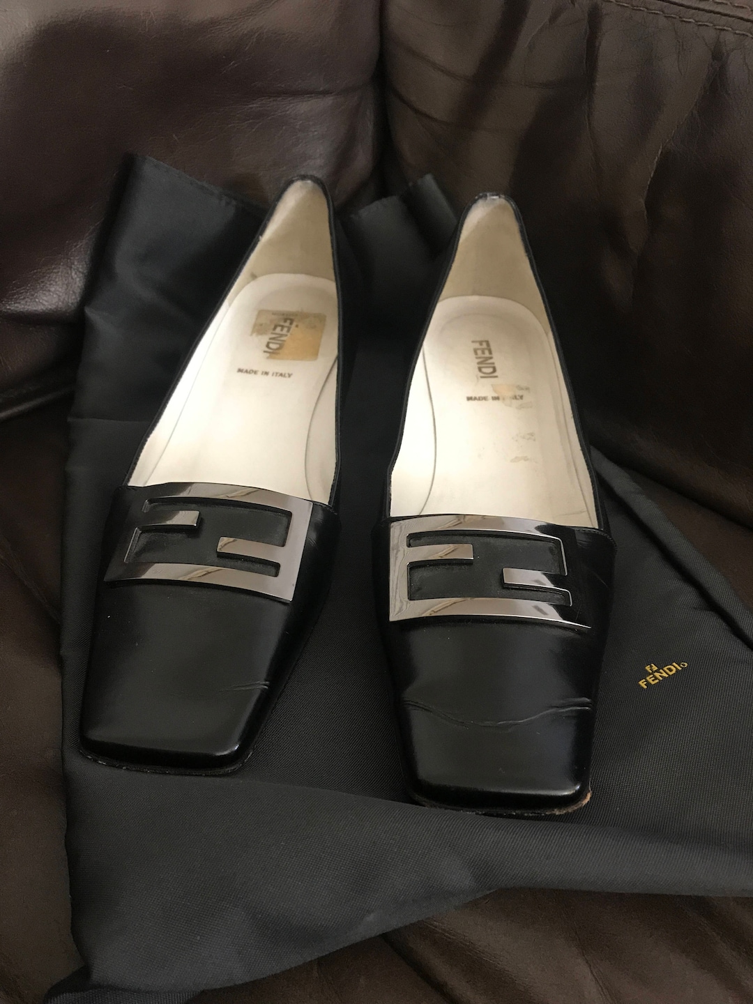 Vintage Fendi Logo Black Leather Flat Shoe- Size 36 1/2 - Etsy