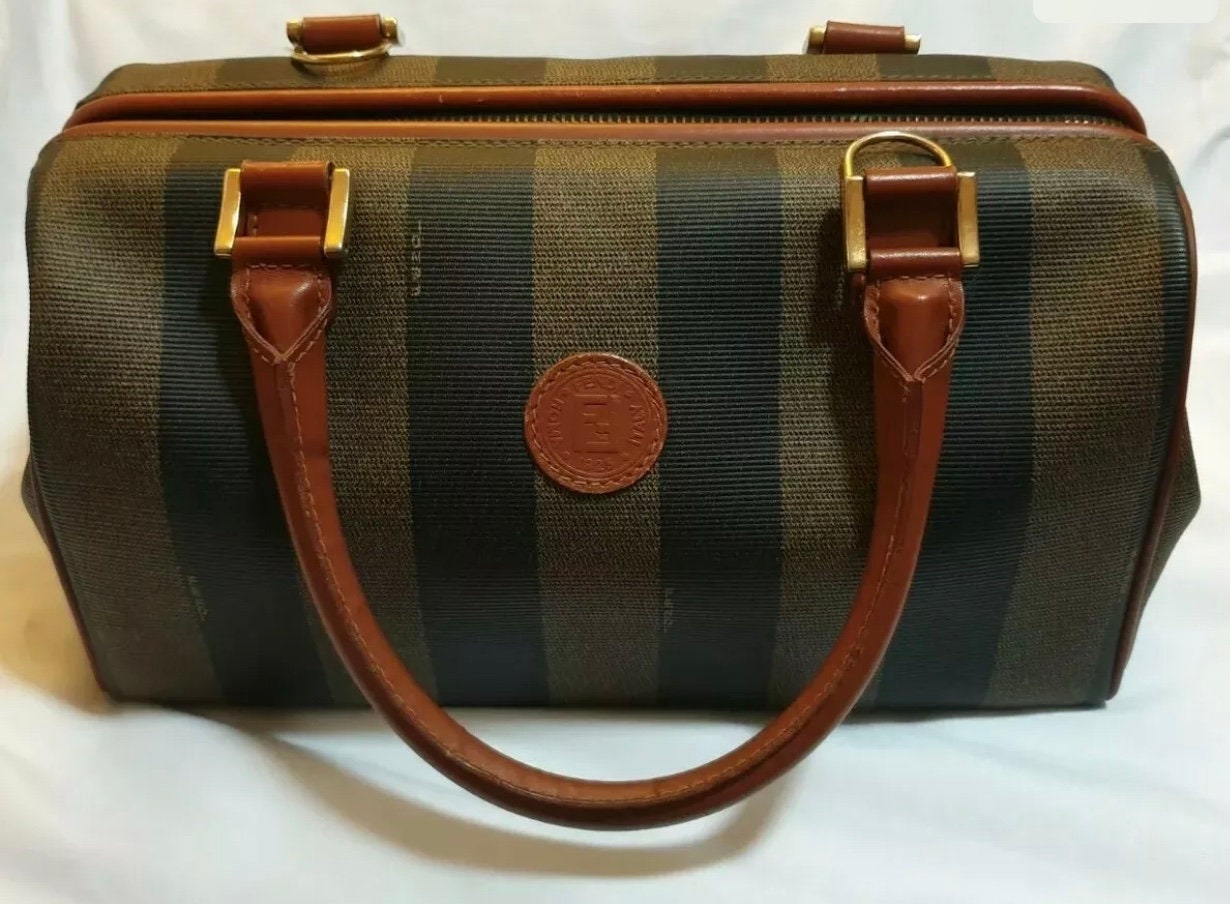 Authentic Vintage FENDI Pequin Stripe Boston Hand Bag Brown 