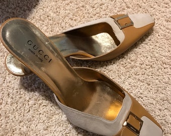 Authentic Gucci Gold Tan & Off-White Pointed Toe Heels