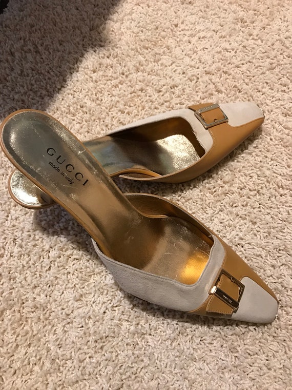 Authentic Gucci Gold Tan & Off-White Pointed Toe H