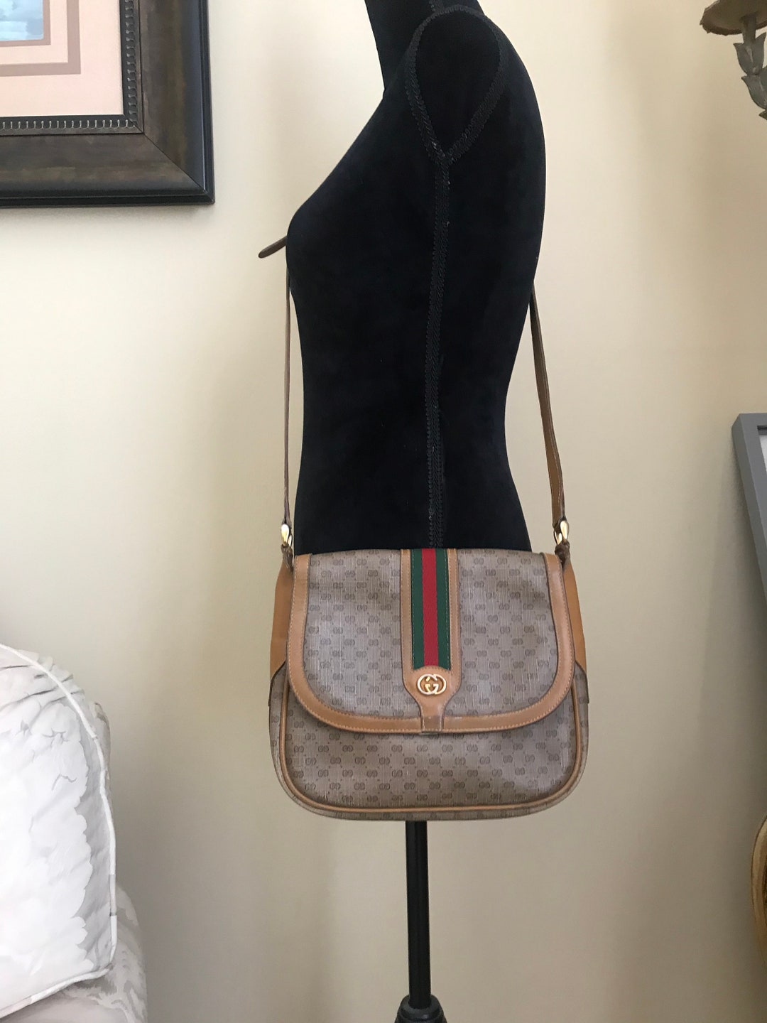 GUCCI Vintage Sherry Line GG Web PVC Canvas Leather Browns