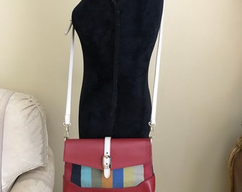 Vintage Fendi leather Red Pequin Cross/ Shoulder bag with multiple color vertical stripes.