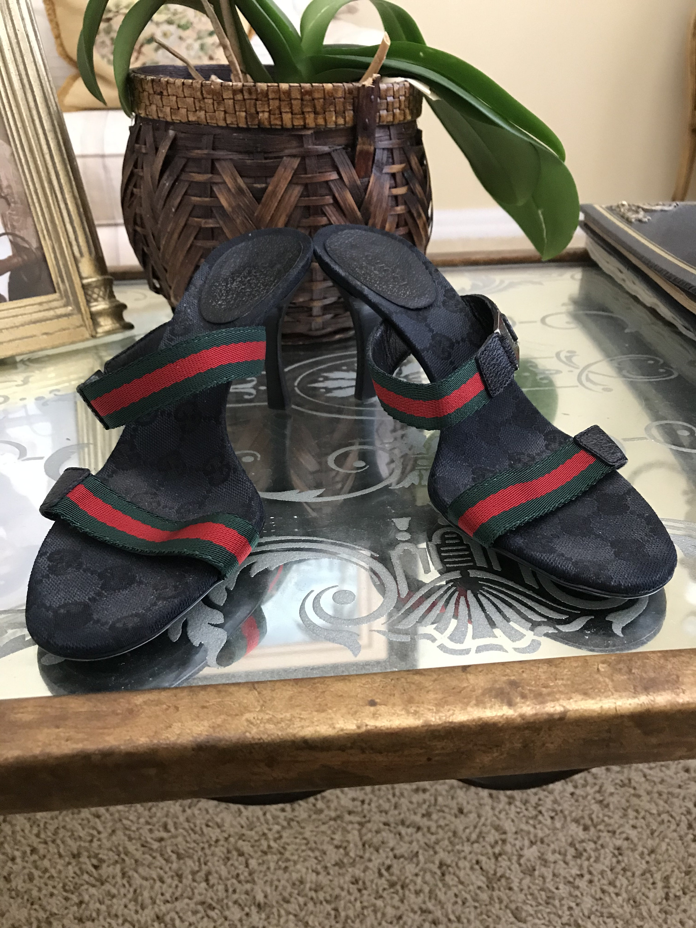 Authentic Vintage Black Gucci Green and Red Strap Sandal- Size 6 1