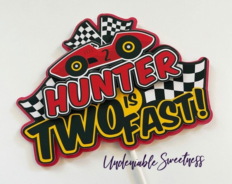 Race Car 2nd Birthday Cake Topper Two Fast Personalized Custom Party Decoration Toddler Boy 3D Cute Race Checkered Flag