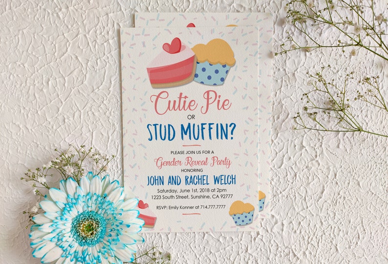 Gender Reveal Printable Invitation Cutie Pie or Stud Muffin Etsy