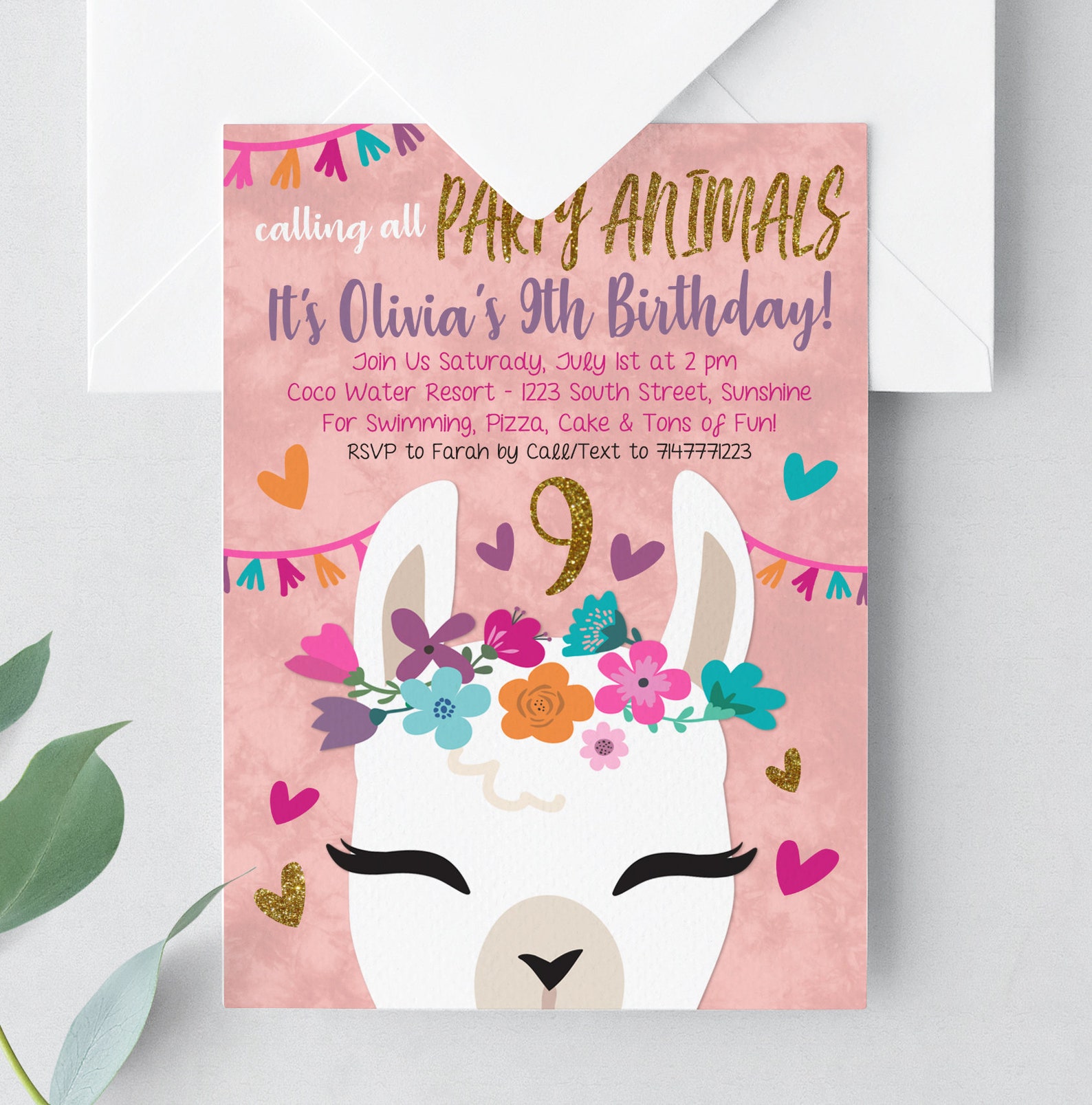 Llama Printable Invitation W/ Pink &amp; Gold Glitter Invite Girls | Etsy