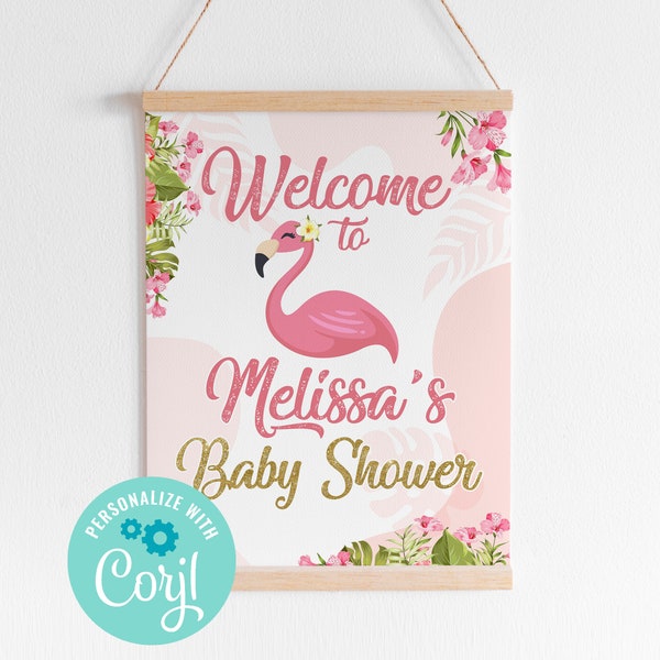 Flamingo Party Baby Shower Welcome Sign, Editable Digital Printable Flamingo Aloha Tropical Theme Baby Shower Party