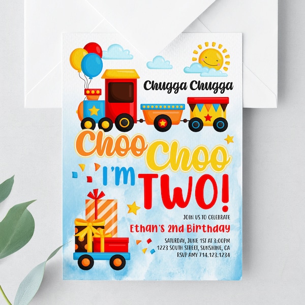 Choo Choo Train 2nd Birthday Printable Invitation, Colorful Train Invitation, 2nd Birthday Party, Choo Choo I'm Two!, 2 Year Old, Two Years