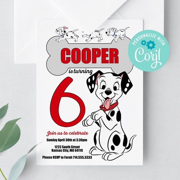 Dalmatian Birthday Invitation, Printable Digital File, 101 Dalmatians Birthday Party, Cute Puppy Spotted Dog Invitation, Dalmatians Party