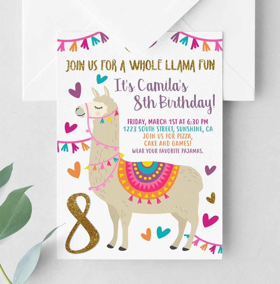 Llama Printable Invitation Join Us for a Whole Llama Fun Pink Glitter ...